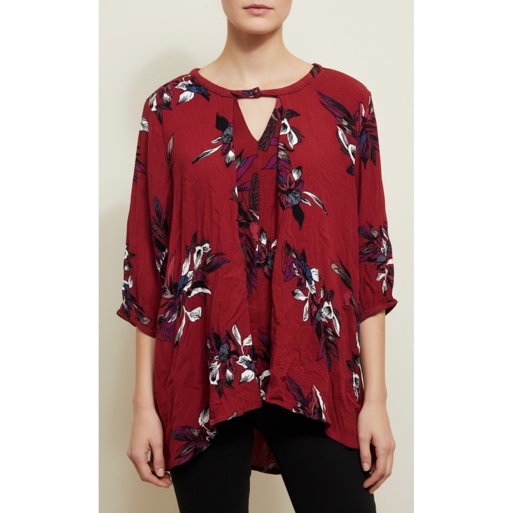 JODIFL Red Floral Print Keyhole‎ Neck 3/4 Sleeve Tunic Top Women's Size M